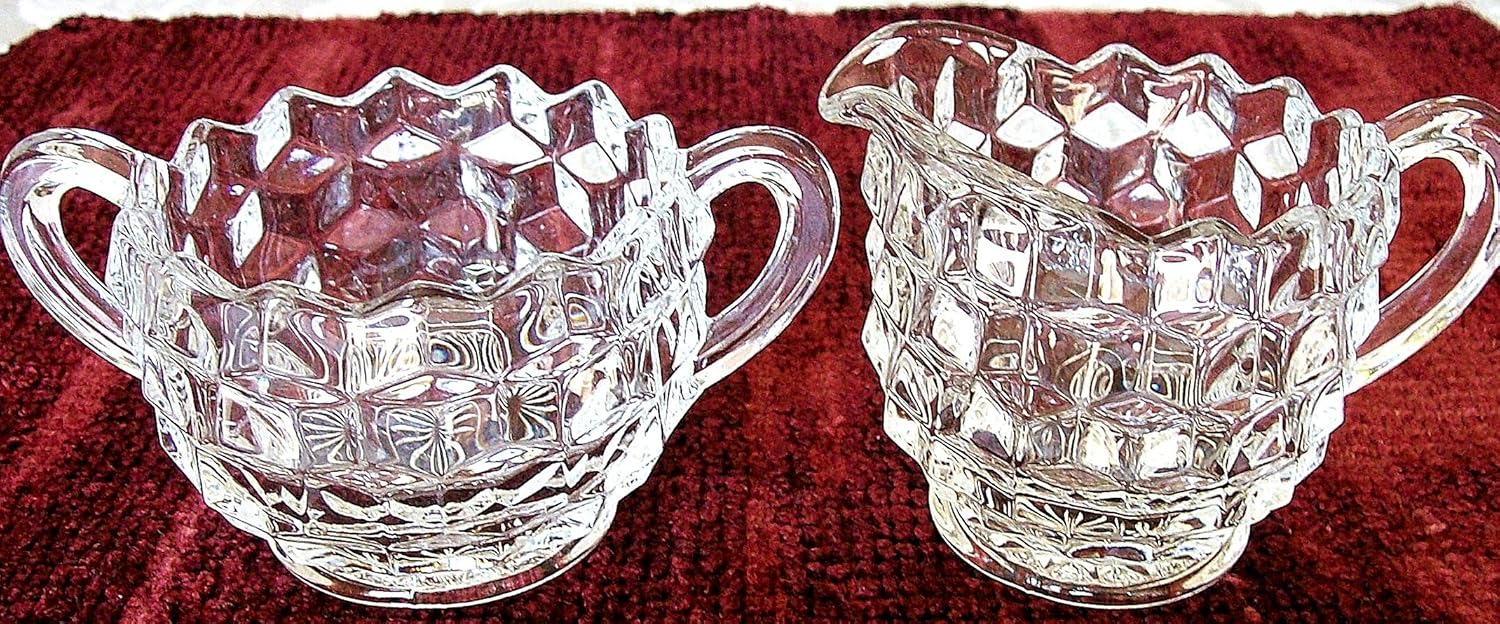 Vintage Diamond Point Clear Glass Sugar Bowl and Creamer
