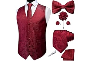 GUSLESON Fashion Paisley Vest for Men Jacquard Tie Waistcoat Bow tie Hanky Lapel Pin Cufflinks Set Wedding 7PCS