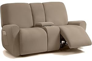 ULTICOR Jacquard Design Reclining Loveseat with Middle Console Slipcover, 8-Piece Stretch Sofa Covers, 2 seat Loveseat Recliner Cover, Washable (Taupe, Loveseat with Console Recliner Cover)