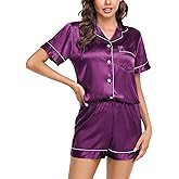 Vlazom Womens Silk Pajamas, Short Sleeve Satin 2 Piece Pj Sets Button-Down Sleepwear Loungewear Pjs Shorts Set S-XXL