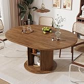 47-63in Extendable Round Dining Table for 4-8, Modern Kitchen Oval Dining Table with 2-Layer Storage Shelf, Wood Strip Base for Dining Living Room (Walnut)