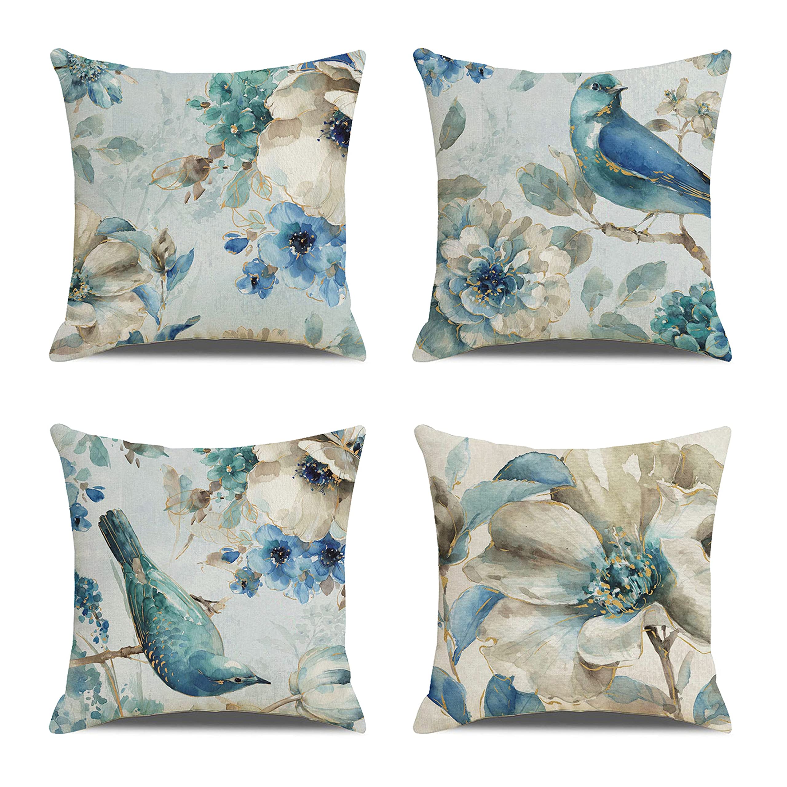 SCVBLJS Blue Flower Bird Linen Cushion Covers Set Of 4 Pillowcase Throw Pillow Covers Sofa Couch Decor Pillow Covers 45 X 45 Cm