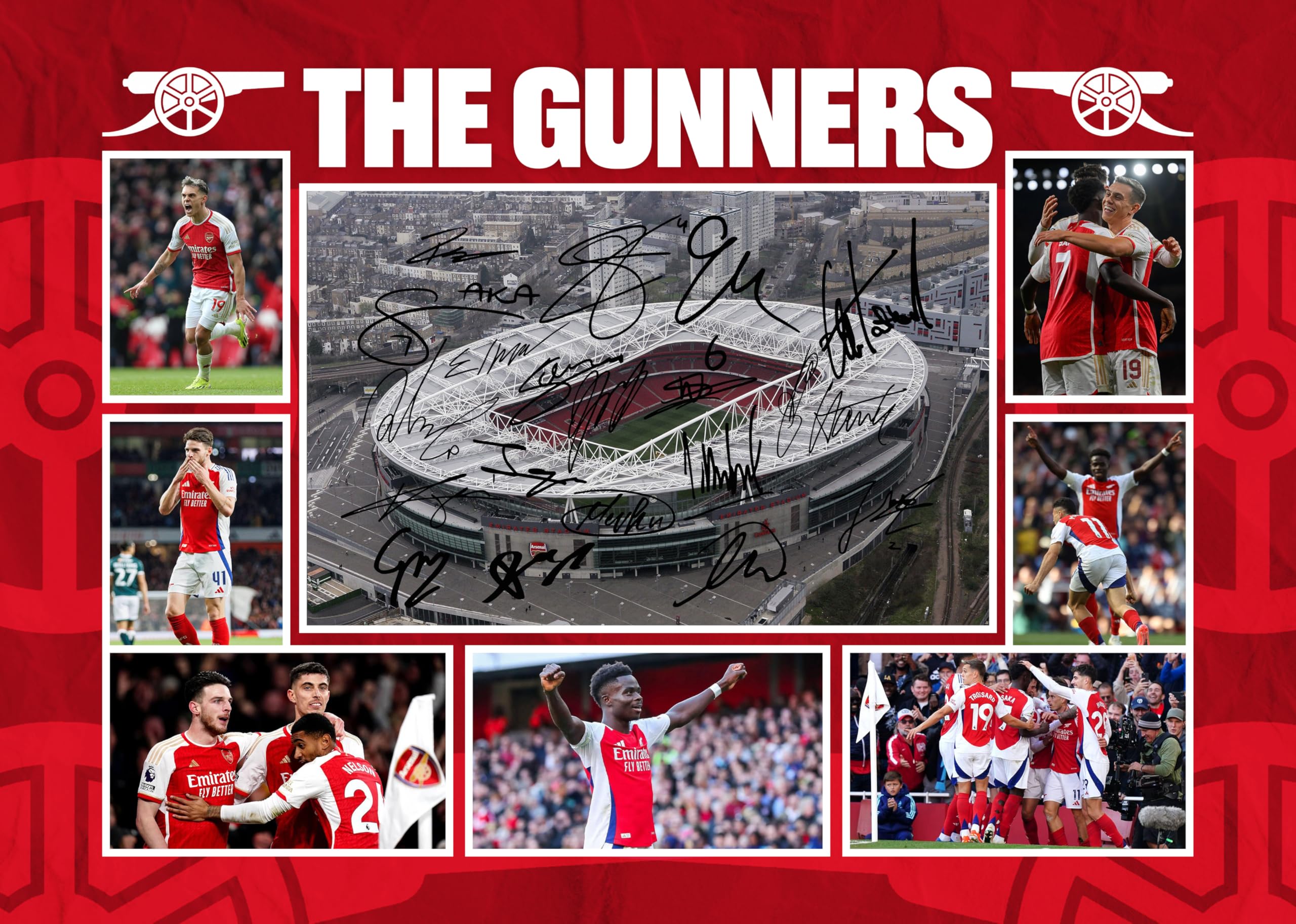 RJR PRINTS Arsenal - ' The Gunners ' 2024/5 Team Football Players Multi Signed A4 Montage Photo Print Which Would Make A Great Gift For Any Fan.