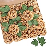 AmyHomie Artificial Flower Gold Rose 25pcs Real Looking Fake Roses w/Stem for DIY Wedding Bouquets Centerpieces Arrangements Party Baby Shower Valentines Day Christmas Tree Decorations