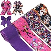 Bolsome 4 Rolls Day of The Dead Wired Edge Burlap Ribbon, Black Purple Skull Flower Printed, Mexican Dia De Los Muertos Ribbon for Mexican Halloween Party DIY Craft Supplies