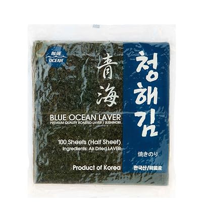 Blue Ocean Premium Quality Roasted Seaweed LaverSushinori 100 Sheets Half Sheet, Made in Korea