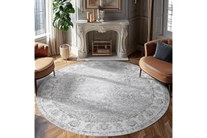 jinchan Round Rug 8ft Area Rug Grey Vintage Floor Mat Kitchen Indoor Thin Rug Floral Print Washable Circle Rug 8' Round Gray Retro Accent Rug Farmhouse Non Slip Dining Room Living Room Bedroom