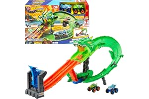 Hot Wheels Toy Monster Trucks, Sharks vs. Dinos Dragon Destruction Playset with 1:64 Scale Great Bite & Rageasaur, Race to De