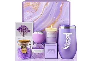 MADDIFY Birthday Gifts for Women, Relaxing Lavender Spa Gift Basket Set with 20oz Monogram Initial Tumbler for Mom Wife Sister Aunt Teacher Nurse, Wedding Gifts, Bridesmaid Gifts, Best Friend Gifts (J)
