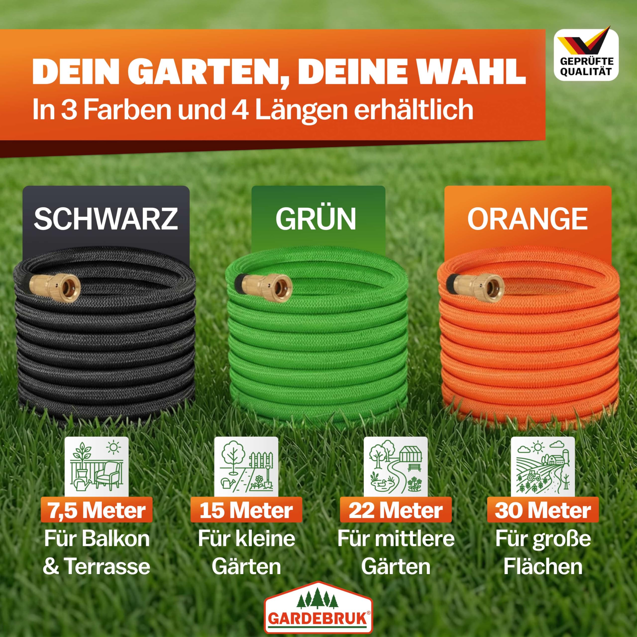 GARDEBRUK® Flexibler Gartenschlauch 30m 3fach Latexkern Vollmessing Adapter 1/2' 3/4' Zoll Wandhalterung Tasche Flexschlauch Wasserschlauch Schwarz 7