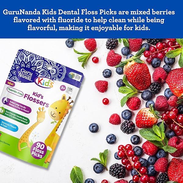GURUNANDA DENTAL FLOSS PICKS FOR KIDS, EXTRA-LONG GIRAFFE-SHAPED PICKS, FLUORIDE-FREE, ANTI-SLIP & SHRED-RESISTANT DESIGN & ECO-FRIENDLY HANDLE & BERRY FLAVOR, IDEAL FOR AGES 3+, 90 COUNT (PACK OF 1)