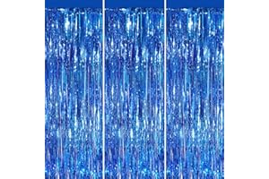 YEURFONTASY Blue 3 Pack Metallic Tinsel Foil Fringe Curtains, 3.3x8.3 Feet Green Backdrop for Party, Door Streamers Party Decorations, Party Streamers for Birthday Christmas Party Decorations