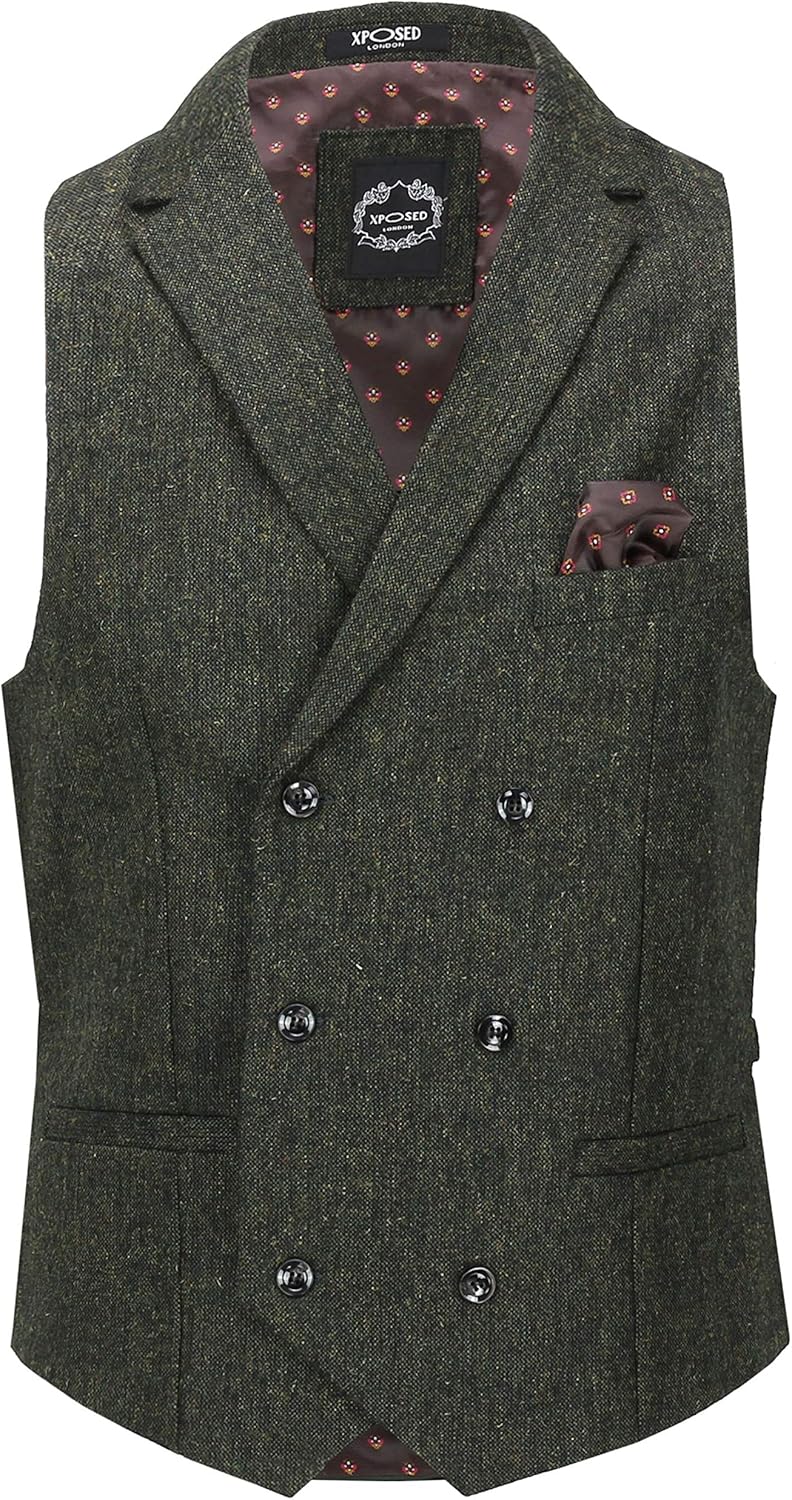 Mens Tweed Waistcoat Vintage Style Collar Double Breasted Smart Retro