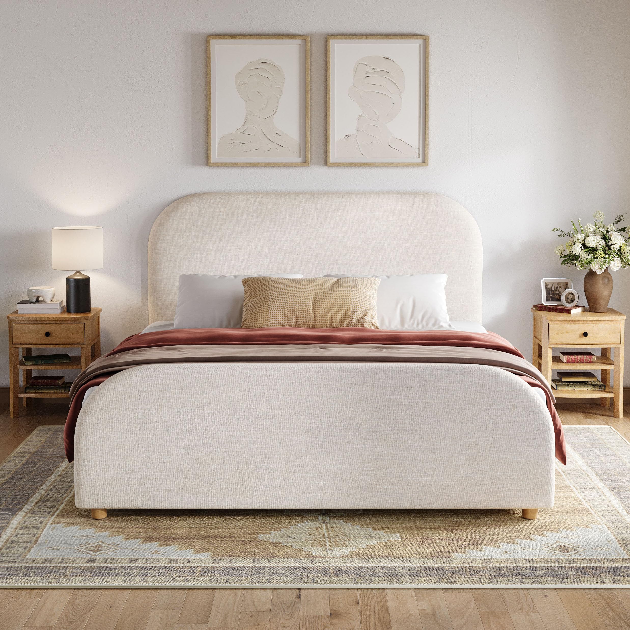 Photo 1 of ***BOX 2 OF 2 ONLY/INCOMPLETE SET***Christopher Knight Home Lanet Linen Upholstered Queen Size Bed Frame with Headboard, Modern Queen Bed Frame and Headboard, Wooden Slats Support, Easy Assembly, No Box Spring Needed, Beige