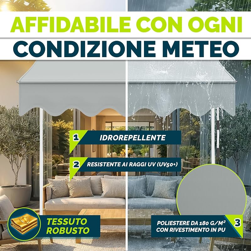 Tenda da Sole a Bracci con Manovella | Protezione Balcone, Regolabile, Senza Forare, a Manovella | Tenda resistente per Esterno (Grigio chiaro, 250cm)
