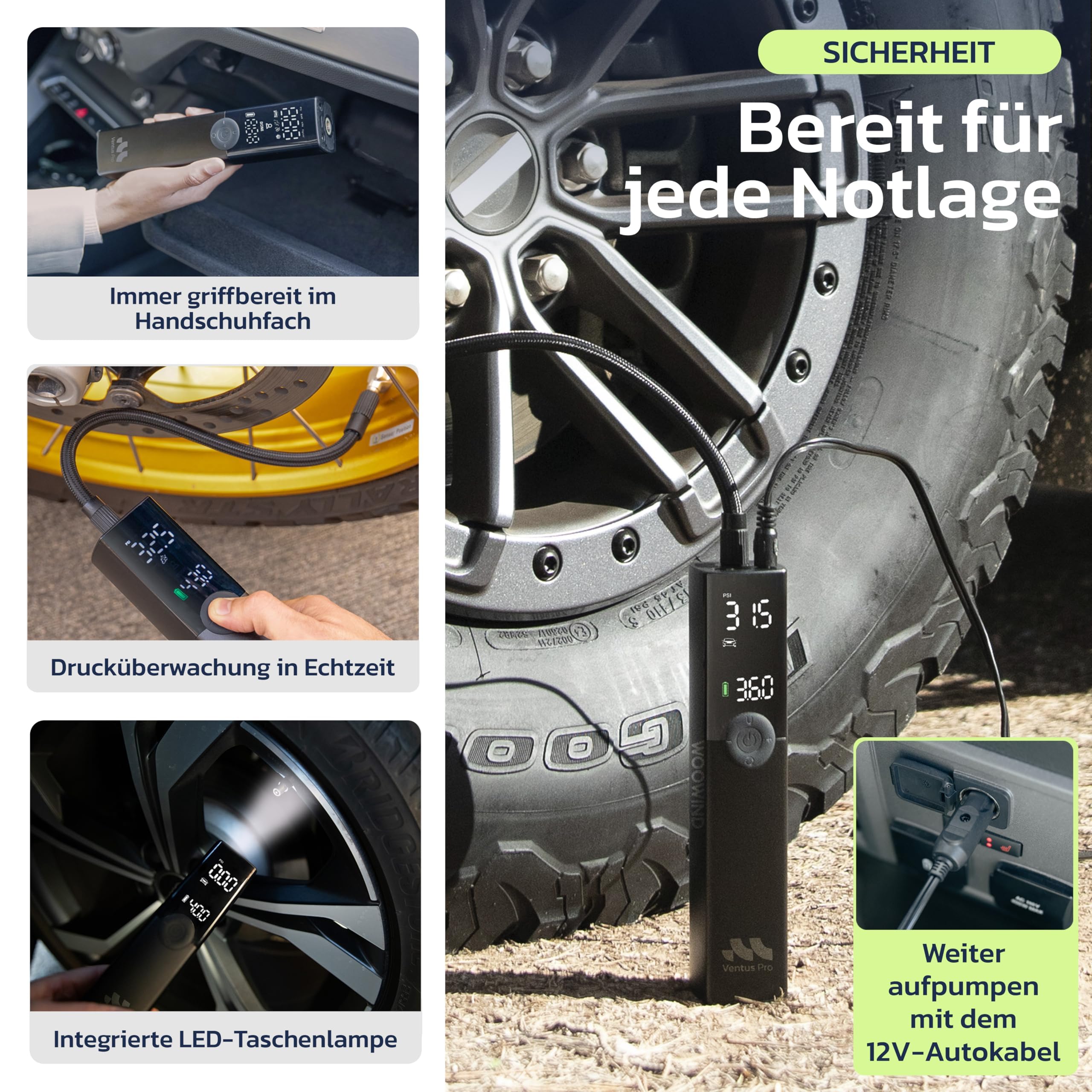Woowind Ventus Pro Premium Elektrische Luftpumpe, 2X Schneller, 150PSI/10,3Bar Akku Kompressor, Luftpumpe Auto mit 12V-Kabel für SUVs & Offroad-Reifen, Auto-Stopp 8
