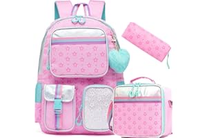 Meetbelify Pink School Backpack with Lunch Box & Pencil Case for Elementary to Teen Girls, Cute Aesthetic Kids Bookbag 8-10