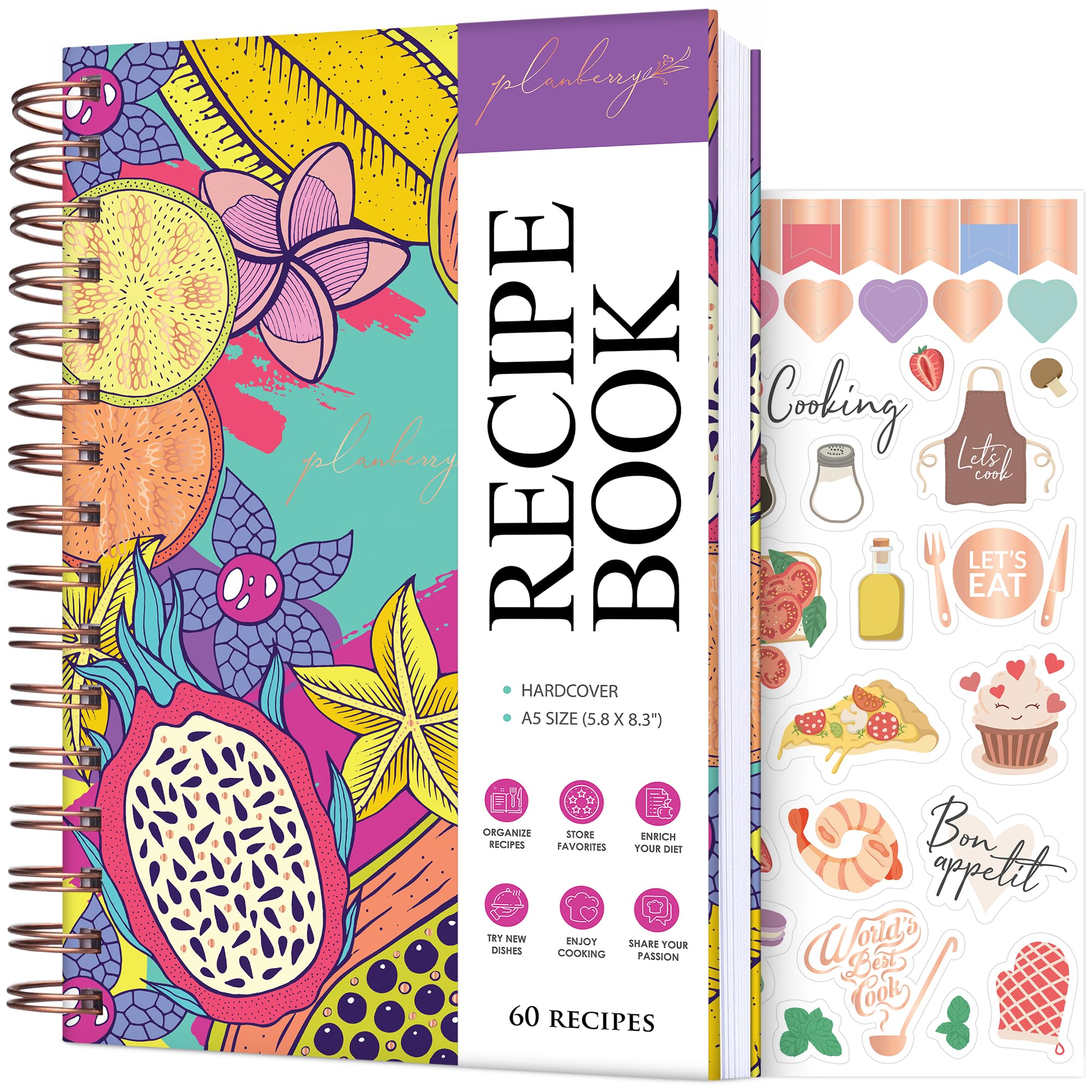 PLANBERRY Recipe Book – Blank Hardcover Cookbook to Write in Your Own Recipes – Empty Cook Book Journal to Fill in – Blank Family Recipe Notebook – 60 Recipes, 14x21cm (Exotic Cocktail)