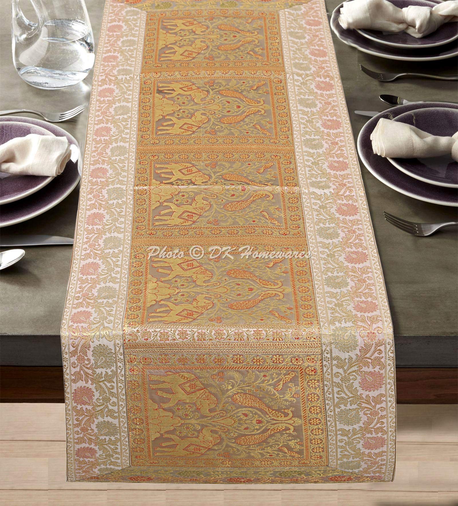 DK Homewares Ethnic Decorative Brocade Satin Table Runner 150 cm Long Bohemian For Coffee Table White And Gold Jacquard Elephant Peacock Rectangle 5 Ft Home Decoration Table Cloth (40x150 cm)