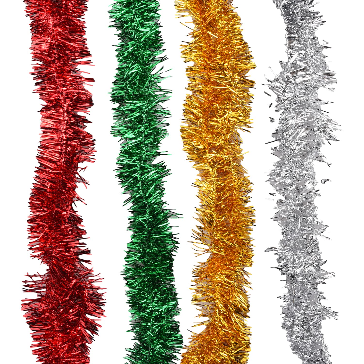 Jomnvo 4 Pieces Christmas Tinsel Garland Metallic Red Green Gold Silver Tinsel Garland Hanging Decoration Glitter Ribbon Shiny Christmas Tree Ornaments (4)
