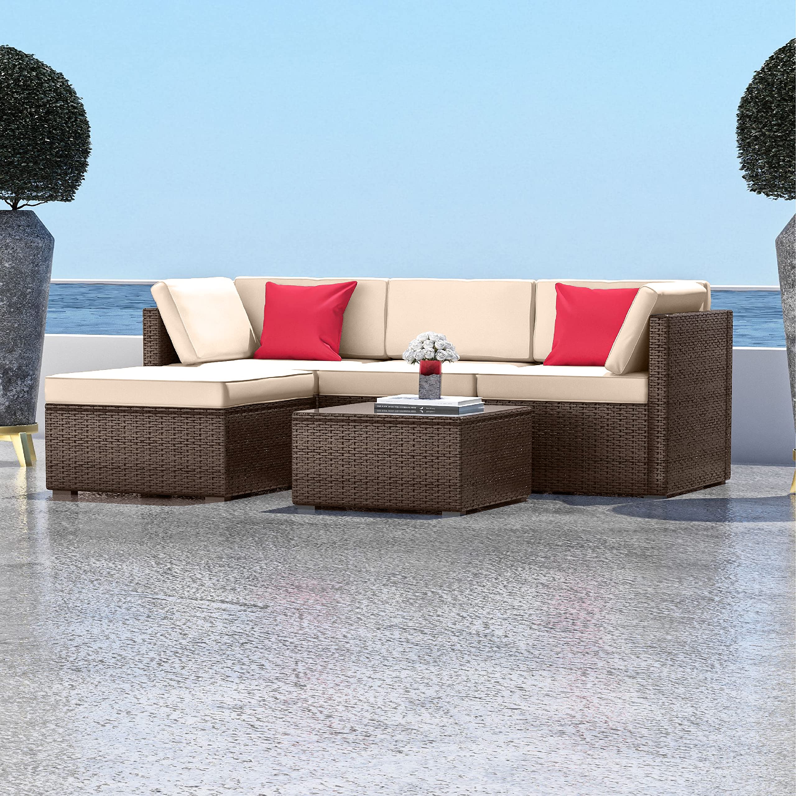 Photo 1 of **OTTOMAN ONLY W/GLASS***Nestl Outdoor Patio Furniture OTTOMAN ONLY WITH GLASS, Brown Base/Beige Cushions ***(BOX RIPPED/TORN)***