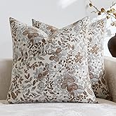 Purewish Vintage Floral Throw Pillow Covers 18x18 Pack of 2 Country Farmhouse Accents Chenille Jacquad Decorative Square Pillow Cases for Living Room Couch Bed Home Decor, Camel Khaki Tan