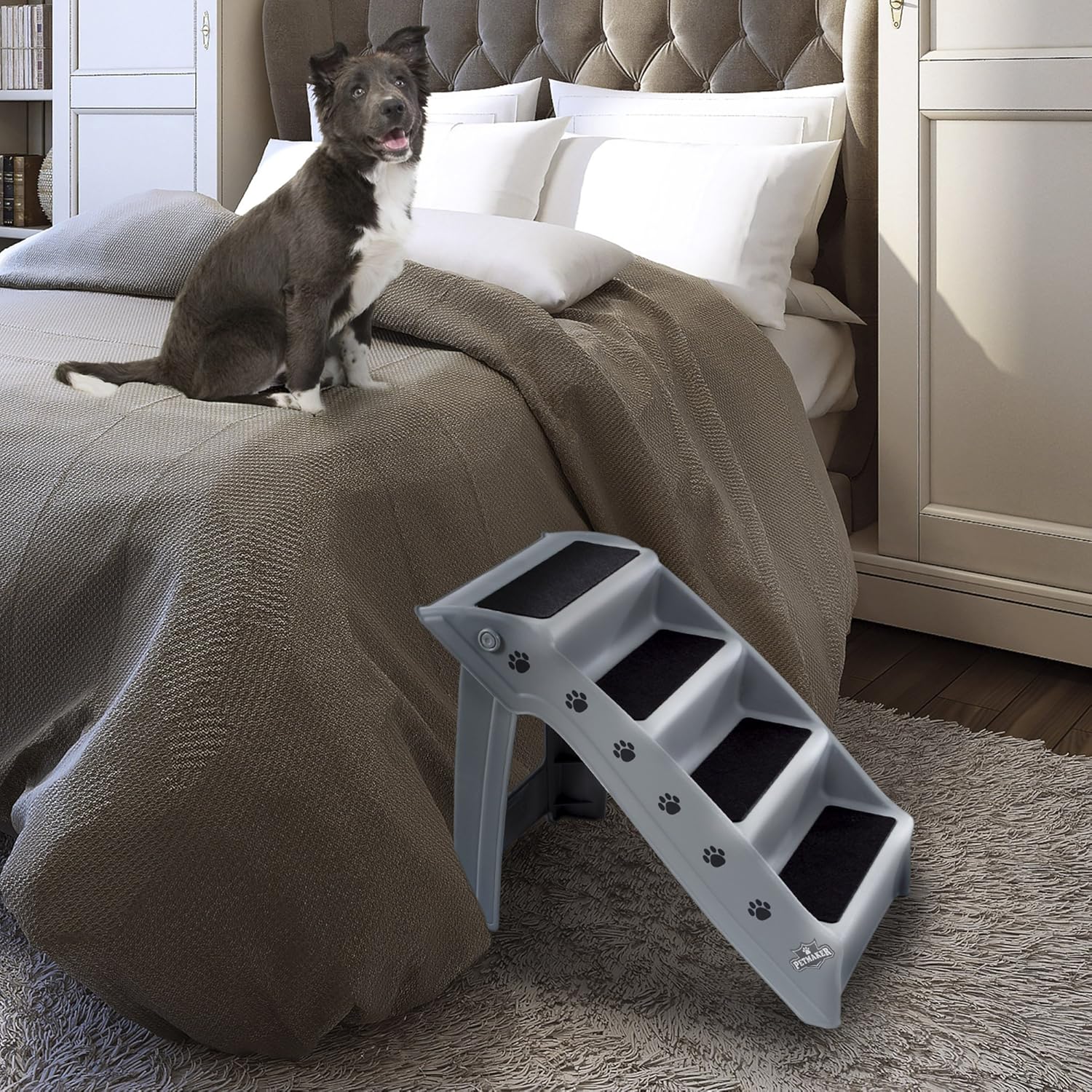 Folding Plastic Pet Stairs Durable Indoor or Outdoor 4 Step Design With Built-in Safety Features For Dogs Cats Home Travel by PETMAKER Â– Gray : Pet Supplies