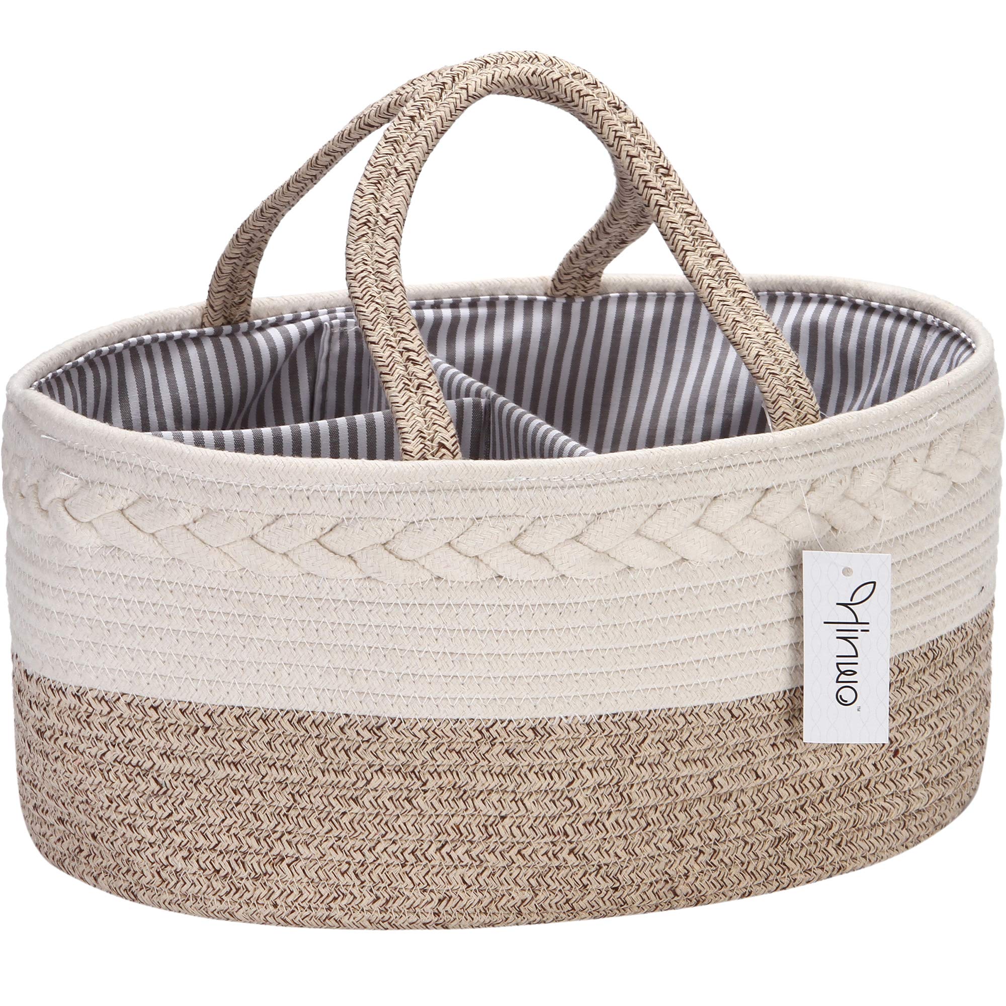 Hinwo Baby Diaper Caddy 3-Compartment Infant Nursery Tote Storage Bin Portable Car Organizer Newborn Shower Gift Basket Cotton Rope with Detachable Divider for Diapers & Wipes