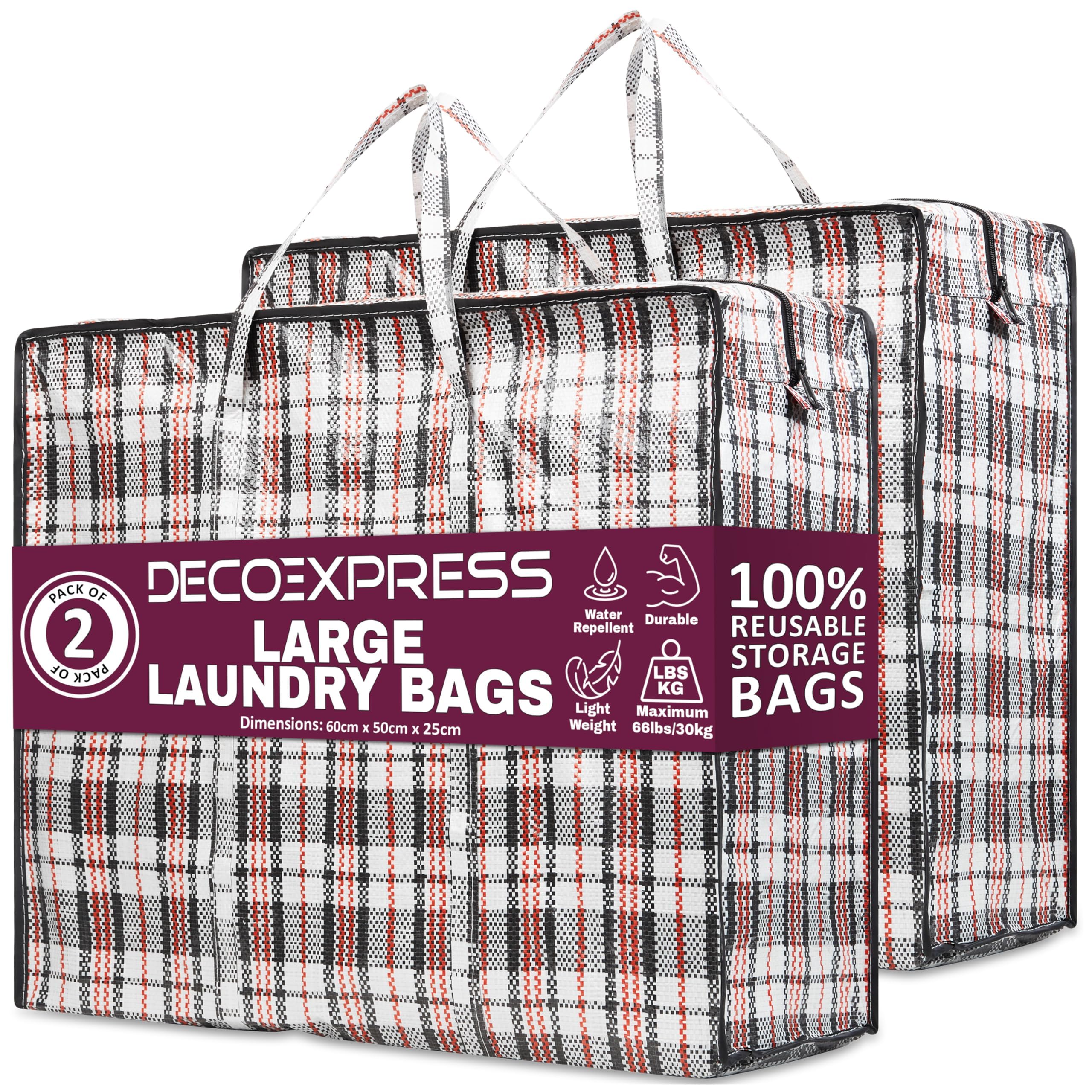 DECO EXPRESS Laundry Bags XL, Pack of 2, 75L Strong, Durable & Reusable Extra Large Storage Bags with Zips, Ideal for Moving, Shopping, Packing, Laundry & Clothes Storage (60 X 50 X 25 CM)
