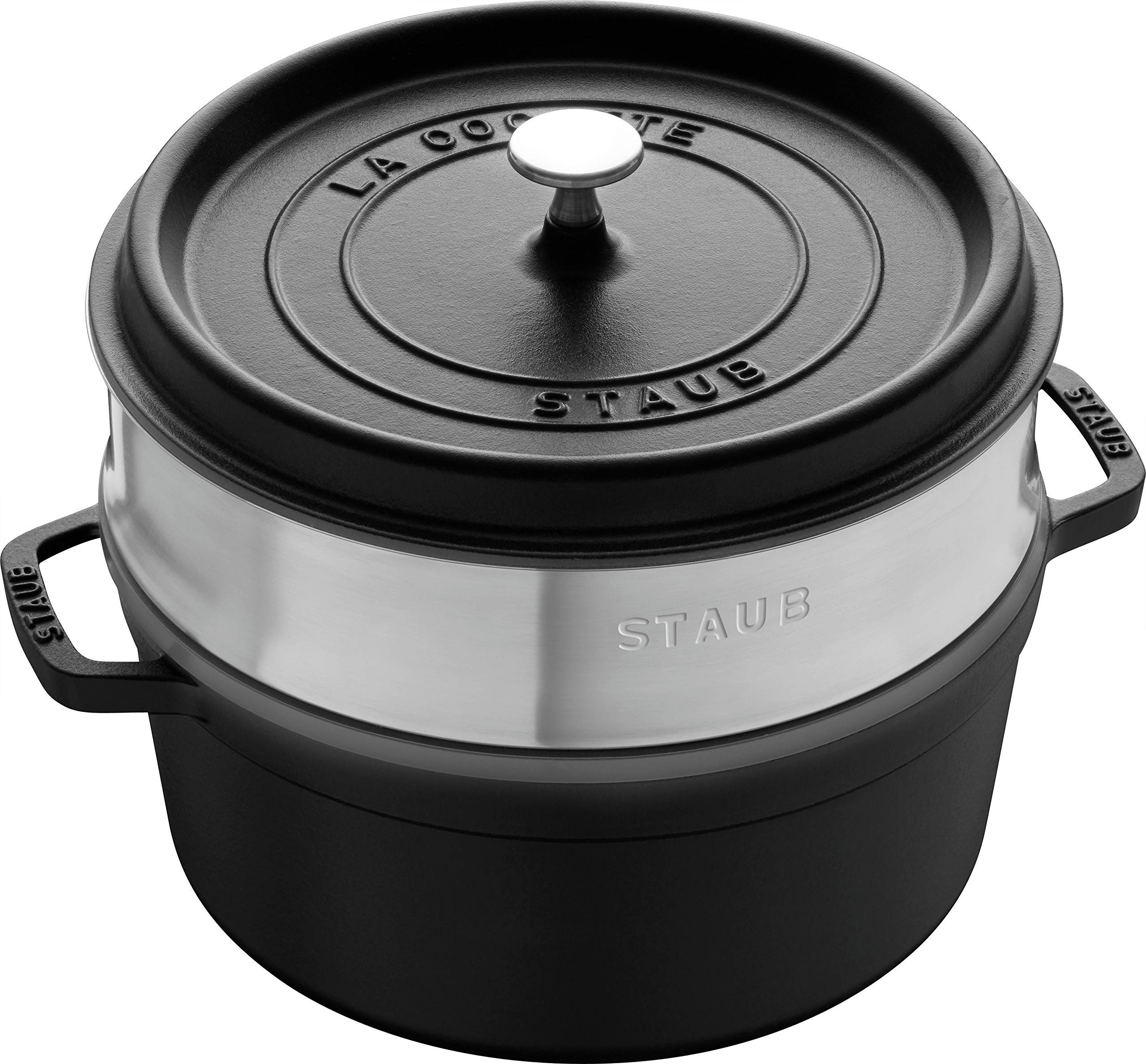 STAUB Cast Iron Roaster/Cocotte, With Steam Insert, Round 26 cm, 5.2 L, With Matte Black Enamel Inside the Pot, Black
