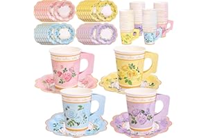 Kochorie 120 Pcs Floral Paper Teacups with Handle and Saucer Set Serve for 60 Guests 9 Oz Tea Party Decorations 4 Styles Flow