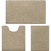 HOMEIDEAS 3 Pieces Bathroom Rugs, Ultra Soft Non Slip Absorbent Chenille Toilet Bath Mat Set (Taupe)