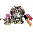 Large 5 Inch Tibetan Peace Mind Sound Singing Bowl Tingsha Cymbals Set - With Mallet and Cushion, Additional Gifts Inside - for Yoga, Meditation WITH BRASS MAZIRA FREE