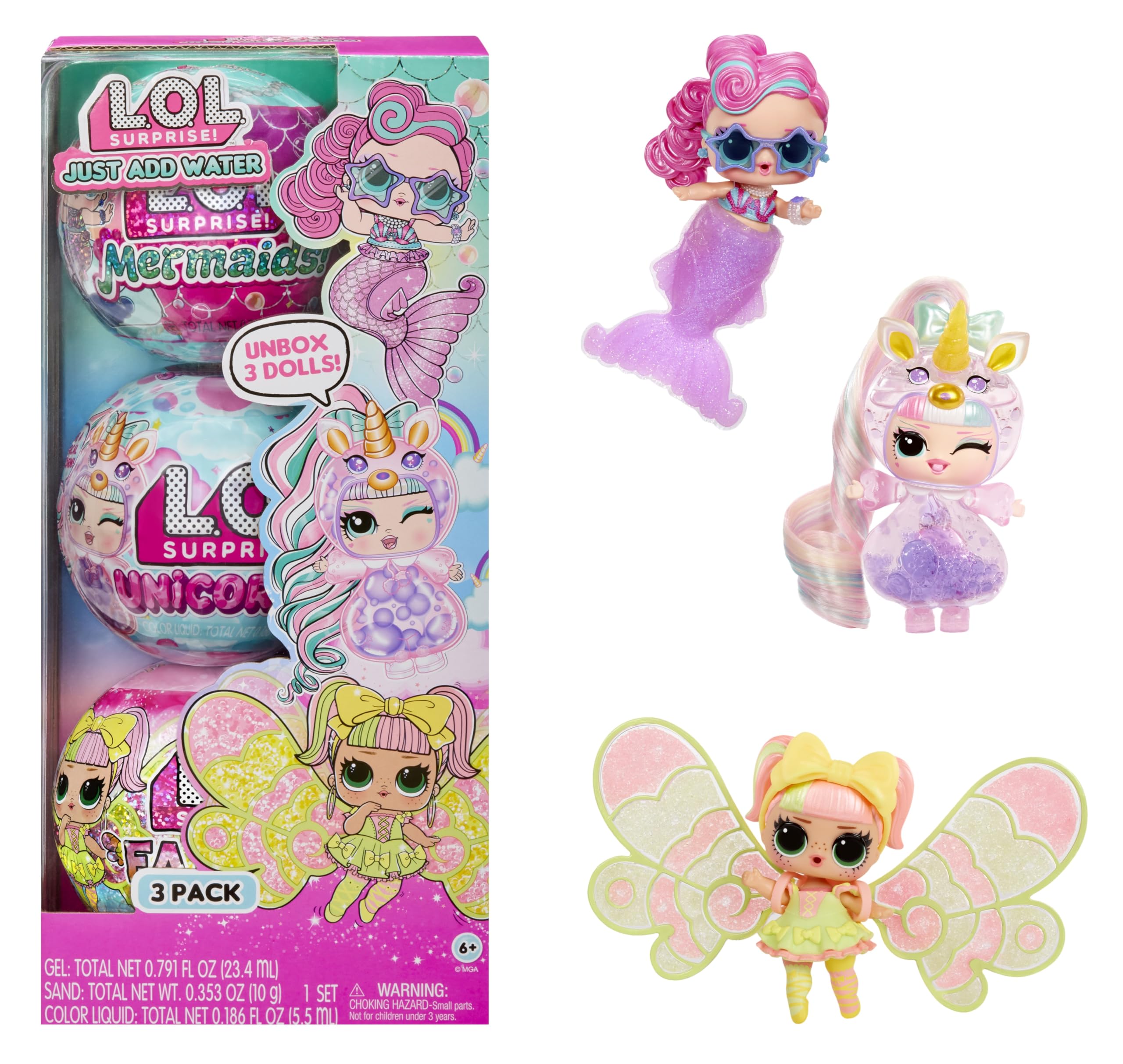 LOL Surprise Tots Just Add Water 3-Pack with 3 Make-Your-Own Fantasy Dolls and 25+ Surprises to UNbox Including Mermaid, Fairy, and Unicorn Dolls and Magical Crafts – Great Gift for Kids Ages 4+