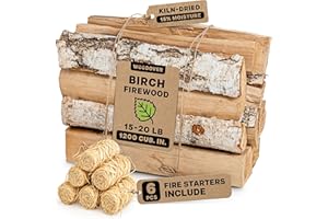WOODOVER 15" Birch Firewood Logs with Fire Starters Set – 1200 cub. in, 15–20 lb | Kiln-Dried & Seasoned Hardwood for Fire Pit, Fireplace | Bright Flames & Pleasant Aroma for Cozy Atmosphere