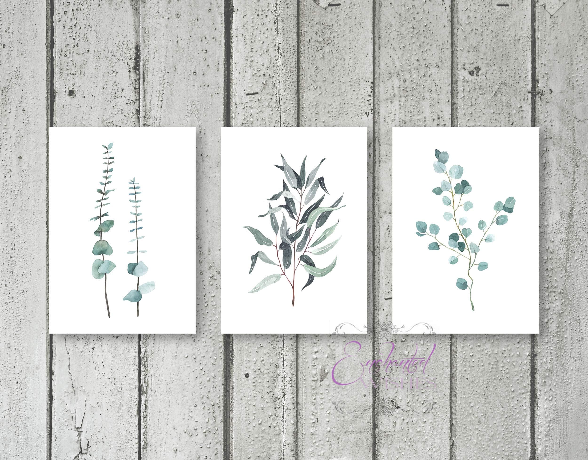 Set of 3 Eucalyptus Leaf Prints, Botanical Wall Art Pictures, Unframed Posters