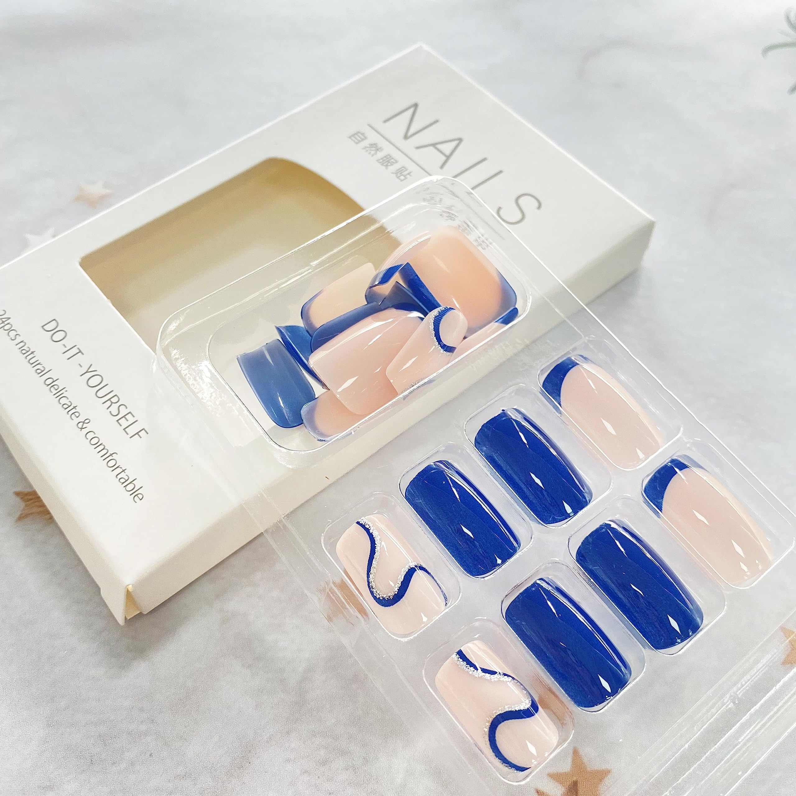 Dark Blue Press on Nails Short Fake Nails with Shiny Curve Designs French Tip Artificial Nails Simplicity Reusable Acrylic Nails False Nails Glossy Glue on Nails for Women Girls - Image 6