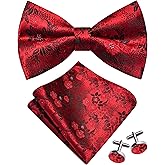GUSLESON Mens Floral Bow Tie Handkerchief Jacquard Woven Adjustable Pre-Tied Bowties Pocket Square Cufflinks Set