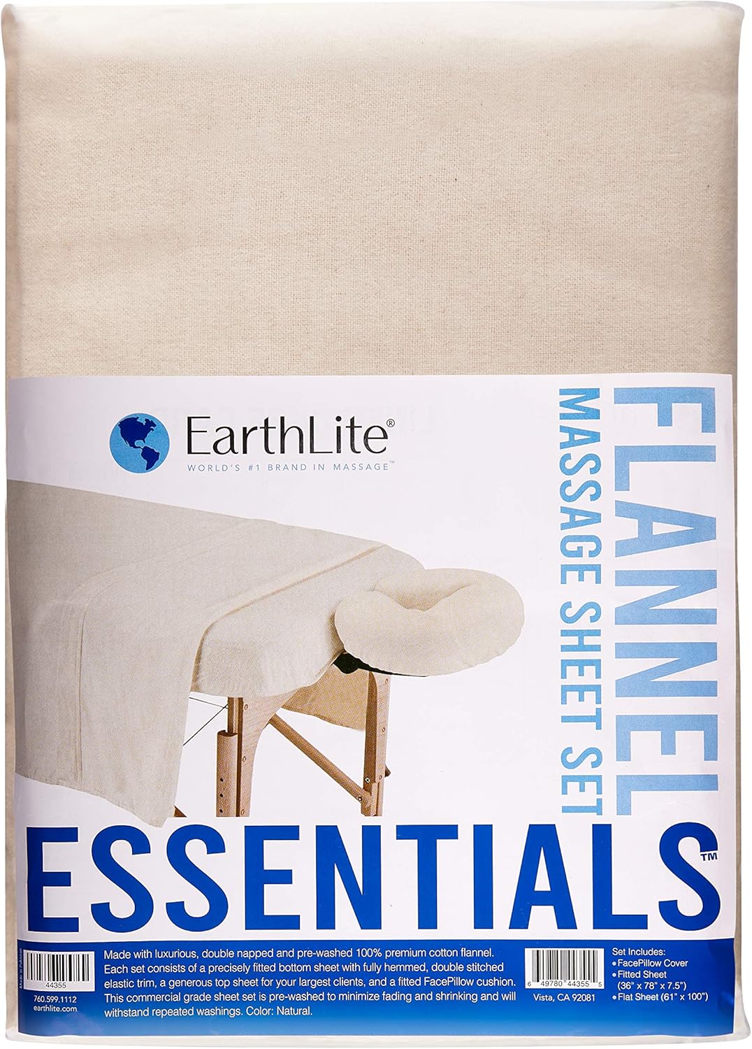 EARTHLITE Flannel Massage Table Sheet Set ESSENTIALS – Commercial Grade, Soft, Double-Napped 3-Piece Set (Top, Fitted, Face Pillow Cover) (UPDATED), Natural (44355): Sports & Outdoors