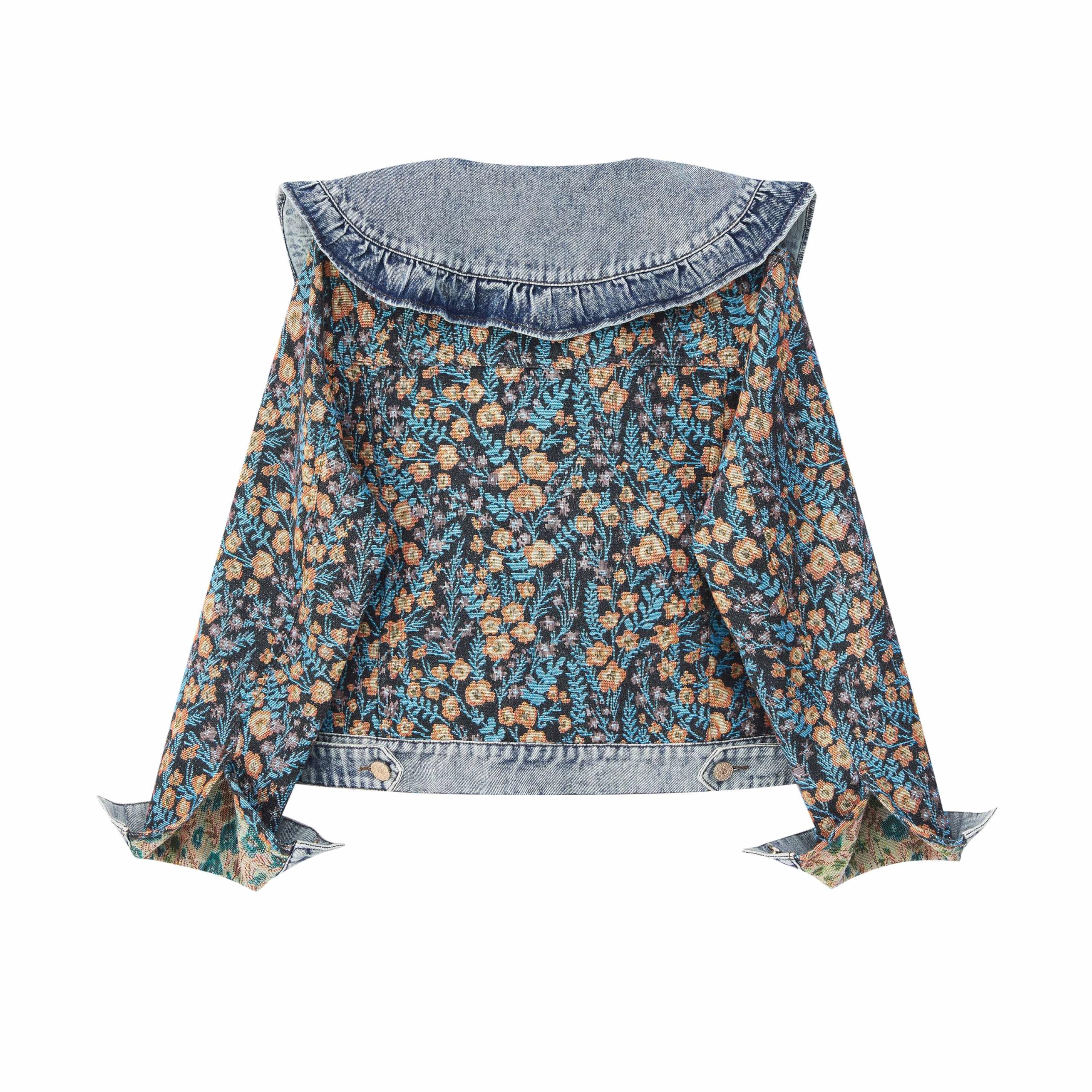 Condition photo showing New/Like New for xaspee womens peter pan collar cropped jean jacket embroidered jacquard long sleeve casual floral de