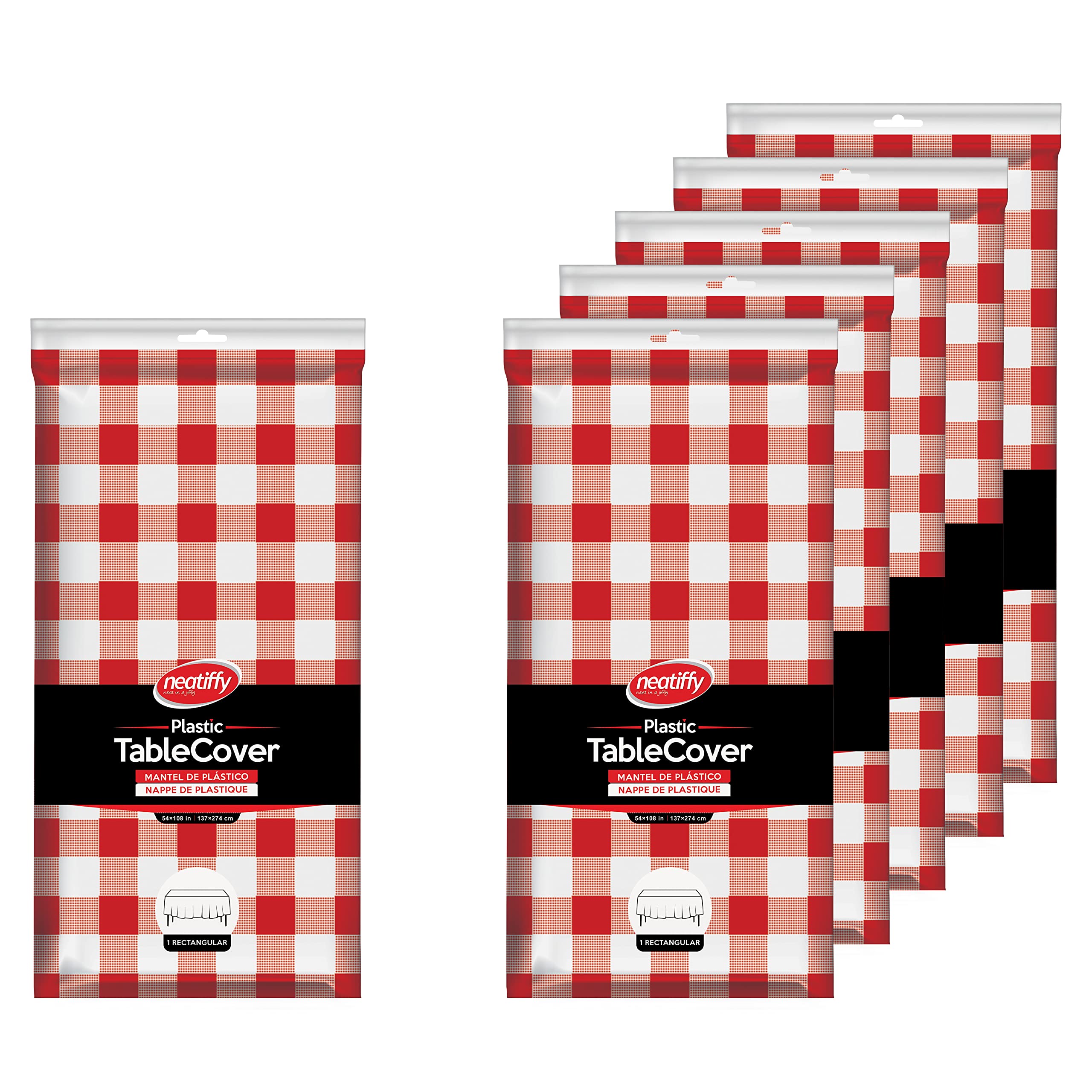 Neatiffy 54 in x 108 Inch 6Pack Rectangle Plastic Table Cloth | Waterproof Disposable/Reusable Tablecloth | Table Cover for Picnic, Party, Banquet, Birthdays - Red Checkered