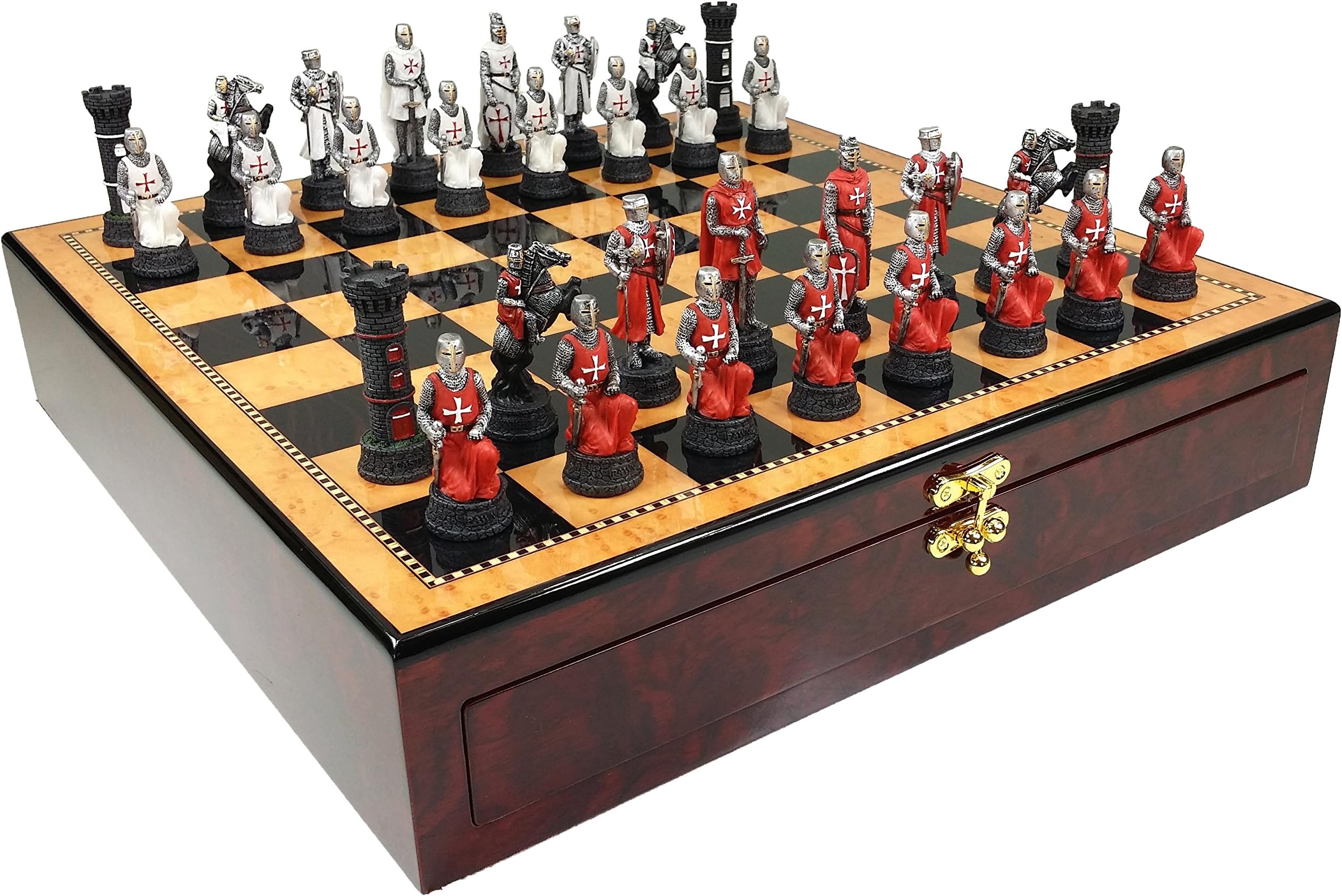Red & White Medievel Times Crusades Warrior Knight Chess Set W/ 17" High Gloss Walnut Color Storage Board