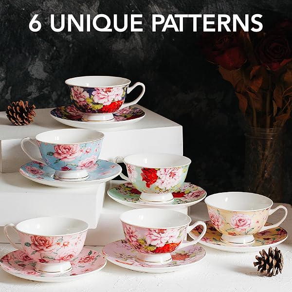 BTAT- FLORAL TEA CUPS AND SAUCERS, 8 OZ, SET OF 6
