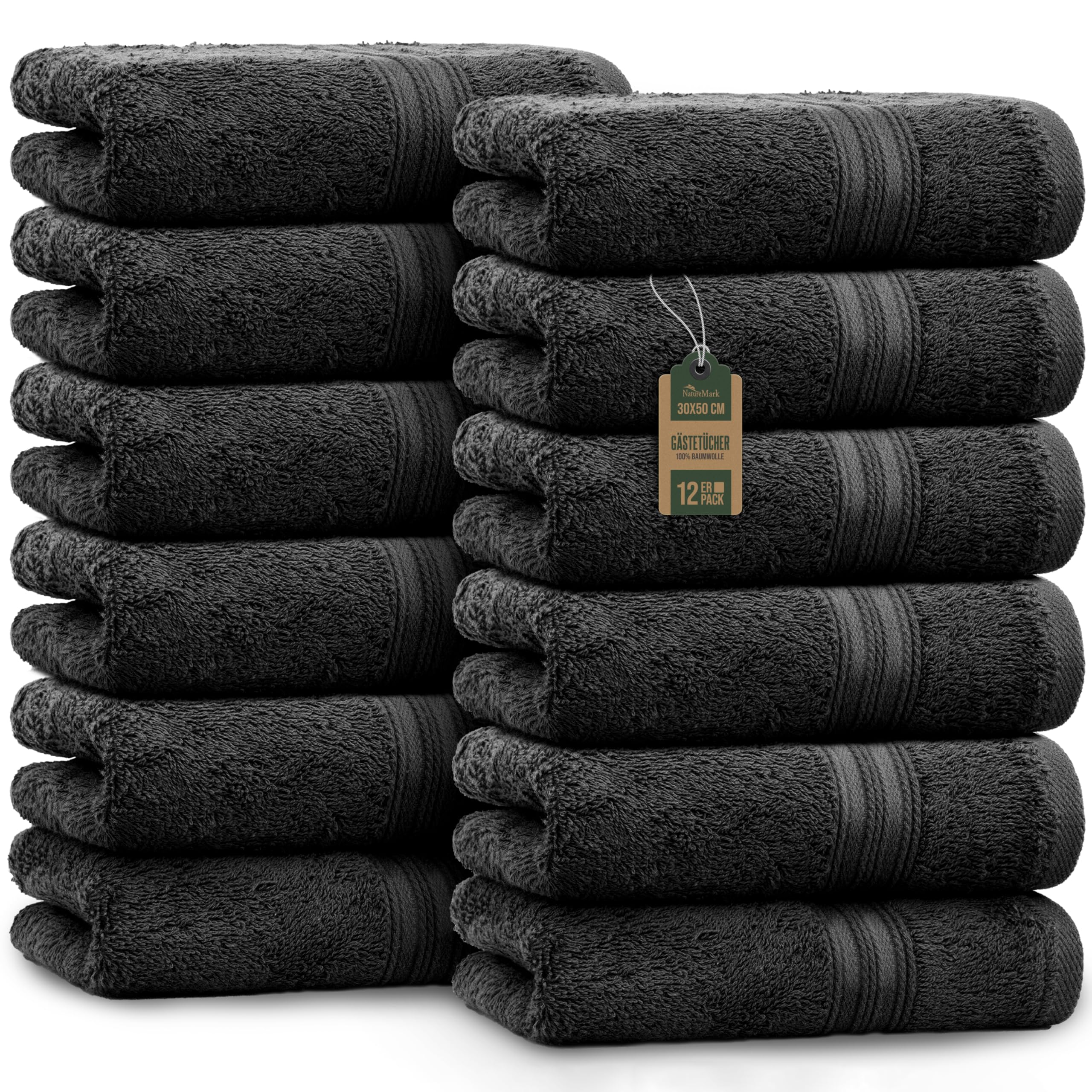 NatureMark Pack of 12 Guest Towels, 30 x 50 cm, 100% Cotton, Black