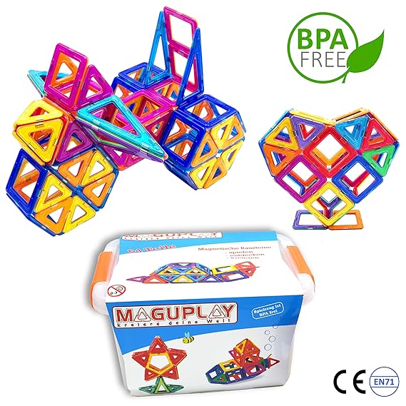 Maguplay Magnetische Bausteine Bausatz enthält 64 XXL Magnetbausteine in Clipbox Ideales Geschenk für Kinder ab 3 Jahren