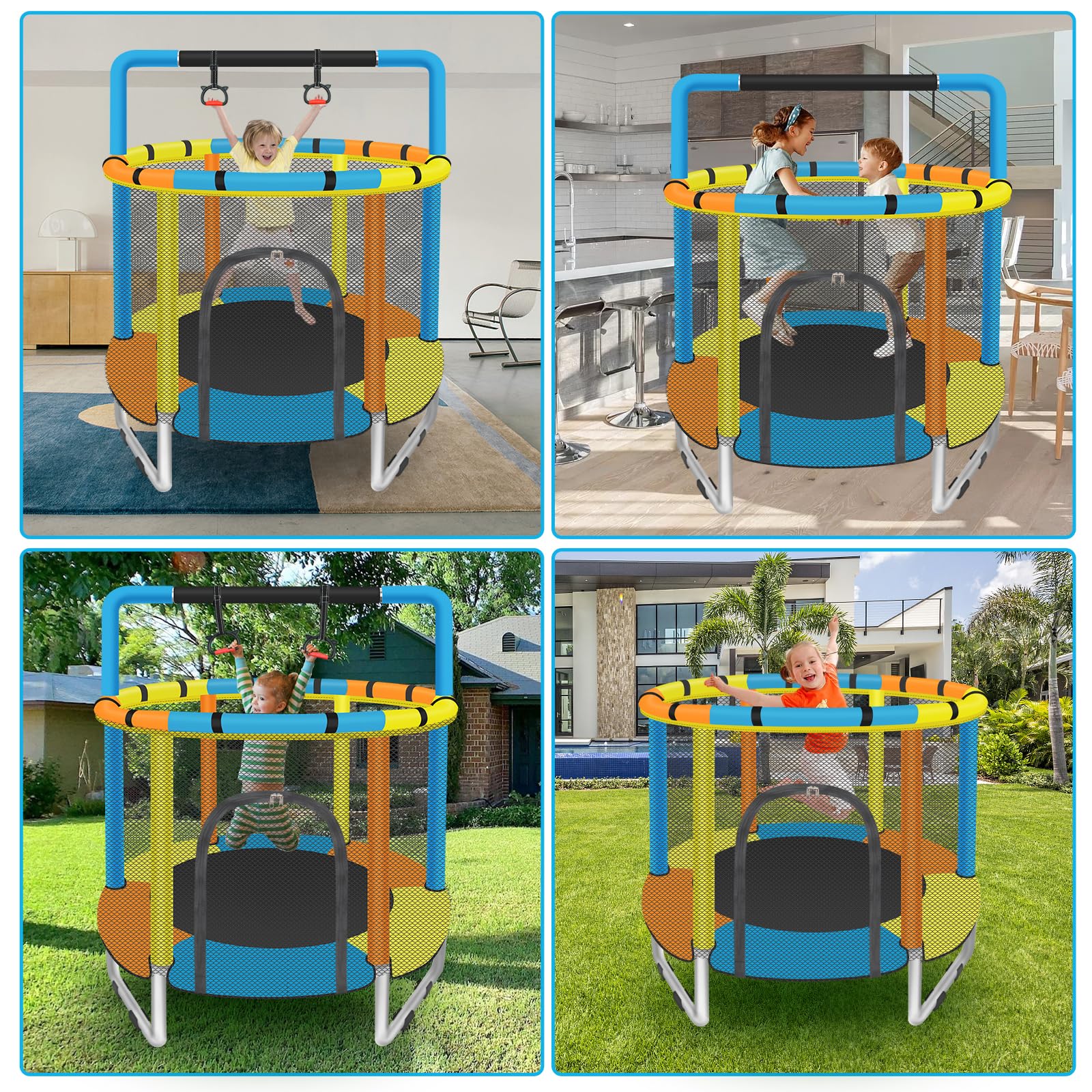 Toddler Trampoline for Kids Ages 1-8, 55'' Small Trampoline with Safety Enclosure Net & Adjustable Gymnastics Bar, Indoor & Outdoor Baby Mini Trampolines, Birthday Gifts for Children & Boys & Girls