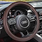 Haokay Heavy Duty Pure Cowhide Steering Wheel Cover, Genuine Leather Steering Cover Brown Leather Steering Wheel Cover with 15 Inches Universal Fit (Brown-1)