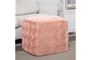 DADA BEDDING COLLECTION DaDalogy Bedding Faux Fur Ottoman Pouf Cover [NO Insert] - Rose Coral Baby Peach | Shiny Geometric Soft Cozy with Zipper - 1-Piece 18" x 18" x 18"
