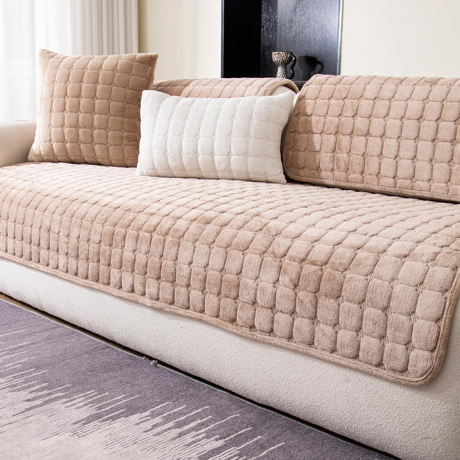 Photo 1 of MDSASFD Velvet Couch Cover, Washable Sectional Sofa Cover, Anti Slip Sofa Slipcovers for 3 Cushion Couch Sofa L Shaped Recliner, Furniture Protector Covers for Pets Kids(Khaki, Only 1 PCS)