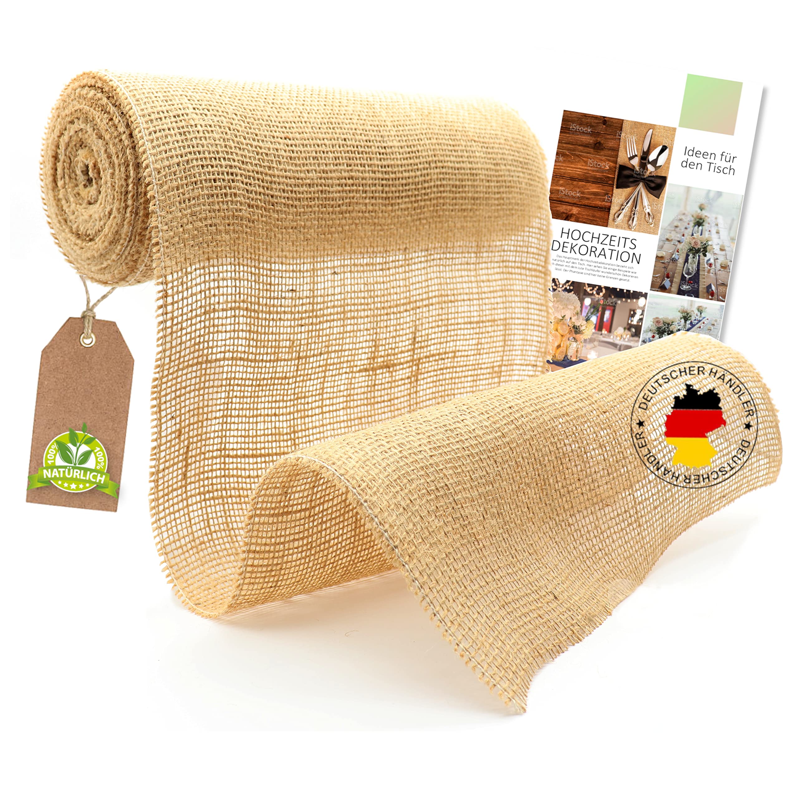 Jute Table Runner Premium Table Runner Made of 100% Natural Linen - High Quality Table Decoration, Wedding Decoration Made of Jute Fabric - Decorative Ribbon, Roll 30 cm x 10 m + E-Book (English language not guaranteed)
